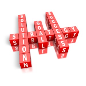 An image of a 3D crossword puzzle with the words: strategy, solution, goal, and success.
