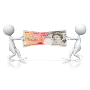 Two stick figures pull on each end of a pound note bill trying to gain ownership.