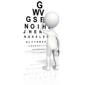 A stick figure covers one eye while reading a optometrist eye chart. 