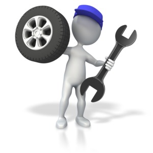 A 3D stick figure holding a tire and a large wrench.  A concept of an an auto mechanic.