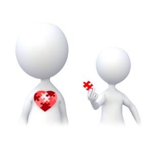 A stick figure holds the center piece of another stick figures heart.