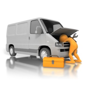 A 3D stick figure mechanic leans under the hood of a van to repair it.  A concept of an auto mechanic.