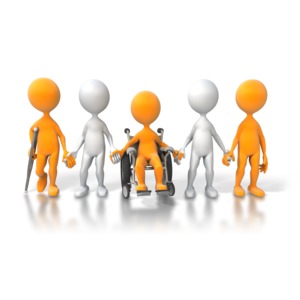 A group of stick figure stand together holding hands.  One figure is in a wheelchair and another is holding a crutch.  A concept of diversity and accessibility.