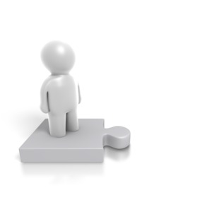 A single jigsaw puzzle piece with a stylized person standing on it.  