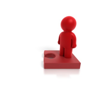 A single jigsaw puzzle piece with a stylized person standing on it.  You can change the color of this image by using our customizer.