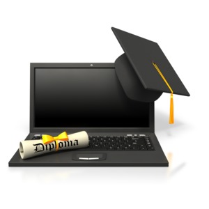 This clip art image shows a laptop computer with a diploma and graduation hat sitting on it.