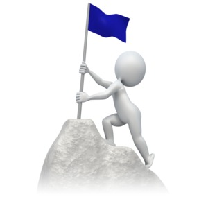 A 3D stick figure plants a flag on top of a mountain in this concept of reaching a goal and completing a project.