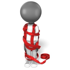 A stick figure is wrapped in red tape. This clip-art represents someone bogged down by procedures or bureaucracy.