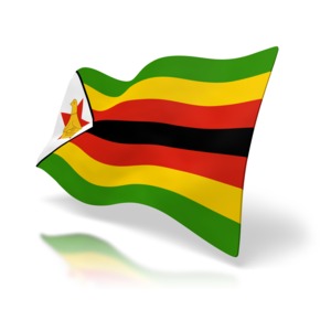 The national flag of Zimbabwe at a perspective angle.