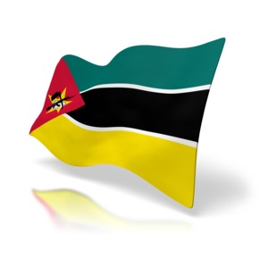 The national flag of Mozambique at a perspective angle.