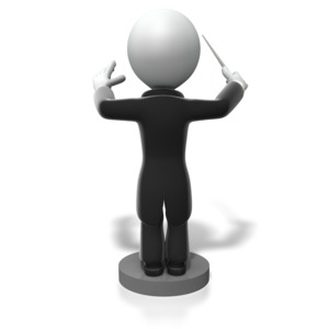 An image of the back of a music conductor directing with a baton.