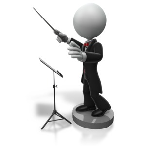 An image of a stick figure directing with a baton standing on a platform.