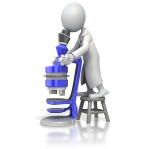 A 3D stick figure stands on a stool and pears into a huge microscope.  A concept of scientific research or examination.
