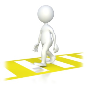 A pedestrian stick figure walks across a crosswalk.  This animated clip art displays a concept of security,  protection or obeying the law.
