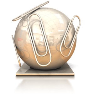 This clip art image shows four paper clips stuck to a magnetic office desk ball.  This clip art could display the concept of being stuck in one place, being drawn to something or being organized.