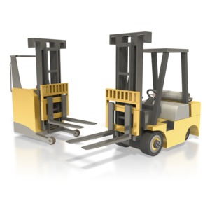 This clip art image shows a reach truck and a forklift sitting next to each other.