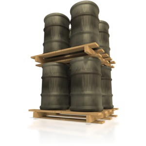 A pallet with four barrels is stacked on another pallet holding four barrels.