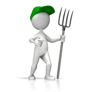 A stylized 3D farmer stands proudly holding a pitch fork and wearing a green baseball cap.