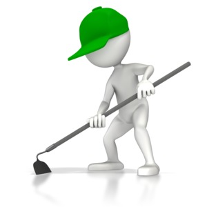 A 3D stick figure hold a hoe in this gardening and agriculture clipart.