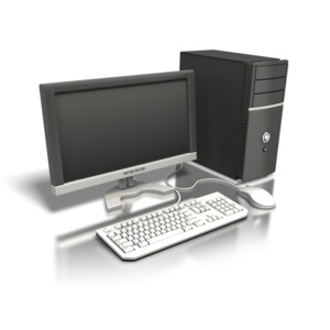 An angled image of one desktop computer with mouse and keyboard.