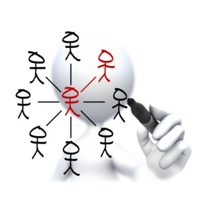 An image of a stick figure drawing a network of people with one highlighted.