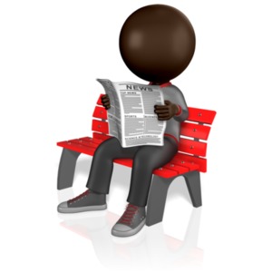 A stick figure sits on a bench reading a newspaper.