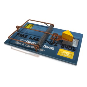 A credit card trap with a piece of cheese as the temptation. This clip-art can represent the dangers of credit card debt.