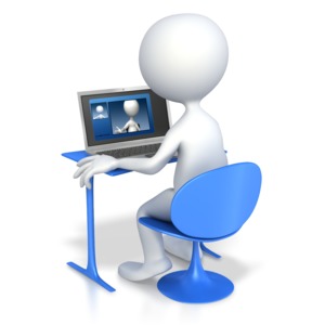 A stick figure talk to another using video chat on a laptop computer.