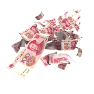 An image of a cloud of Chinese Yuan falling down.