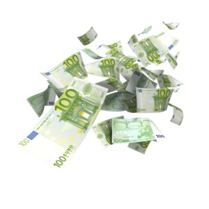 An image of a cloud of Euro money falling down.