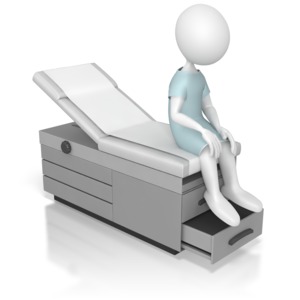 A stick figure sits on a medical examination table.