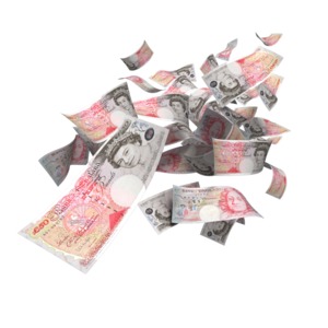 An image of a cloud of British Pounds falling down.