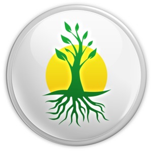 An image of button with a tree, roots and a sun.