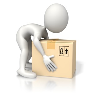 A 3D stick figure demonstrates the incorrect way to lift an object, possibly causing back pain or injury.