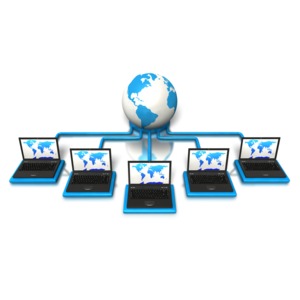 An image of five staggered laptops connected by wire to the world.