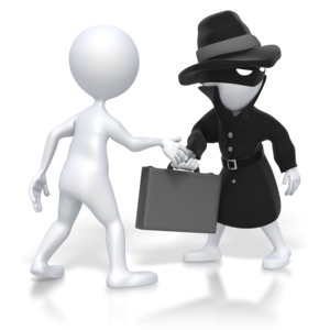 A spy stick figure hands off a briefcase to a plain stick figure. 