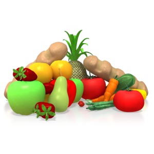 This clip art image shows a pile a fruits, vegetables and bread.