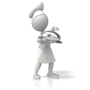 A 3D stick figure chef holds a sliver serving dish and is wearing a chefs hat and an apron.  A concept image of cooking or for a restaurant.