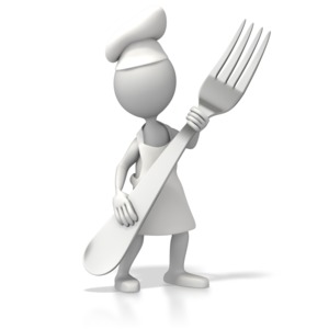 A 3D stick figure chef hold a giant silver fork in the cooking or restaurant clip art.