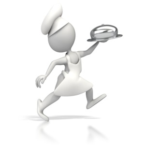 A chef runs holding a silver serving tray in this concept of food delivery.