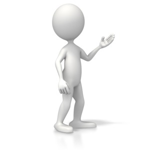 A stick figure in a casual pose indicates to the right in this presentation clipart.
