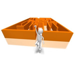 A stick figure jumps for joy after successfully navigating a maze.