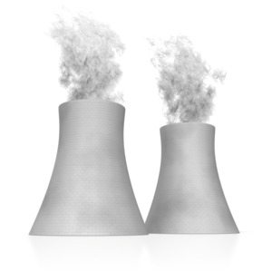This clip art shows two nuclear cooling towers with steam coming form the tops.
