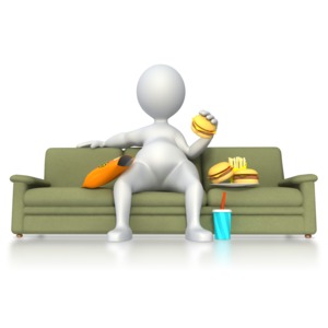 A stick figure sits on a couch overeating a bunch of unhealthy junk food.  This clip art displays a concept of poor nutrition. 
