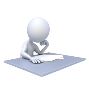 A stick figure sits at a table looking bored while reading papers.