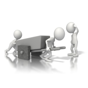 A concept of not needing to reinvent the wheel.  Three stick figures try to pull a cart with square wheels.