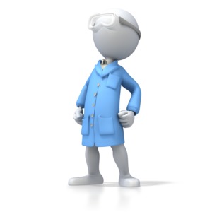 A figure stands proud wearing a ESD (Electrostatic Discharge) smock and a pair of safety goggles.