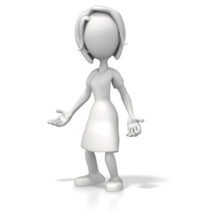 A woman stick figure in a casual pose with her hands open in a questioning or confused stance.