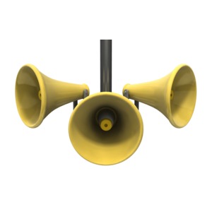 An image of three loud speakers hanging from a pole.