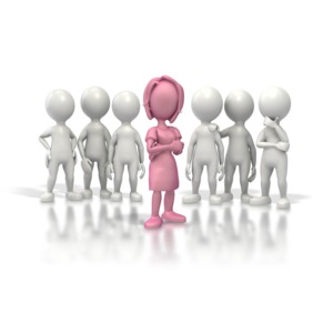 A single woman leader stands out from the crowd.  This clipart could be used for getting ahead in a man&#039;s world.